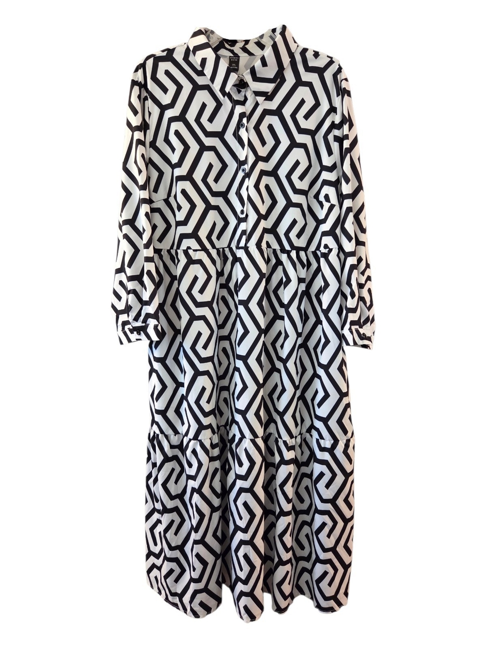 NWT Emery Rose Black White Geometric Long Sleeve Tiered Midi Shirt Dress - 3X
